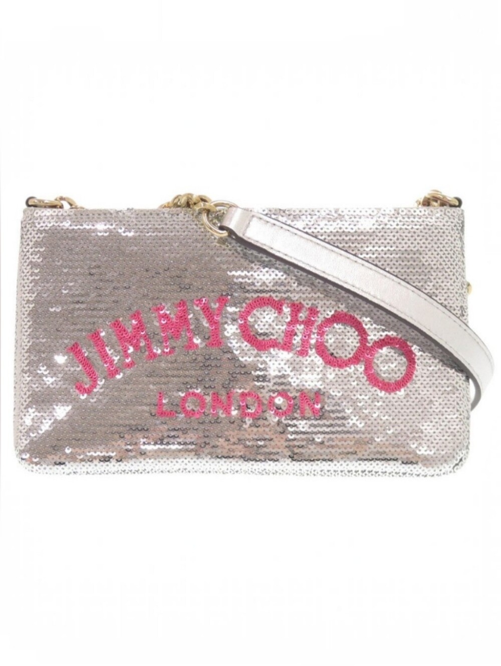 EUC Jimmy Choo Silver Sequin Crossbody with Pink Logo!